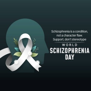 Image promoting World Schizophrenia Day with a ribbon and silhouette of a head.