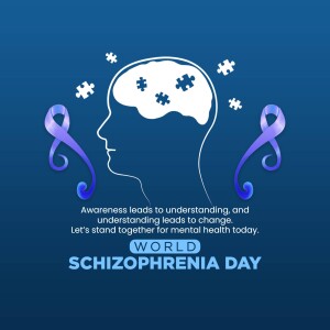 Illustration representing schizophrenia awareness with a silhouette of a head filled with puzzle pieces and purple ribbons.