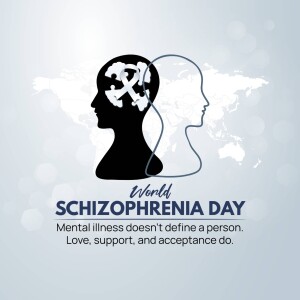 Illustration depicting a head with puzzle pieces and a silhouette, promoting World Schizophrenia Day.