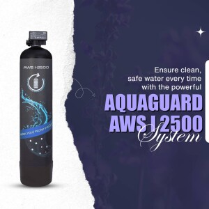 Aquaguard AWS i2500 water purifier with water swirl design and text promoting clean water.