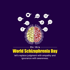 Illustration of a brain split into two colors with various emotion icons, promoting awareness for World Schizophrenia Day.