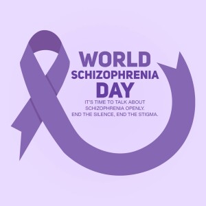 Purple ribbon with text 'World Schizophrenia Day - It's time to talk about schizophrenia openly. End the silence, end the stigma.'