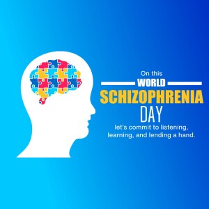 Image depicting a human head silhouette filled with puzzle pieces, representing the complexities of schizophrenia, with text for World Schizophrenia Day.