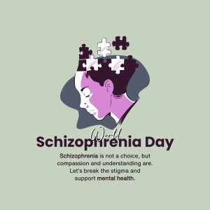 Illustration depicting a person's head formed by puzzle pieces, symbolizing schizophrenia, with text promoting awareness and support.