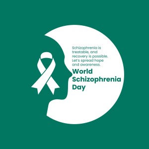Image depicting a silhouette of a head with a ribbon for schizophrenia awareness and text promoting World Schizophrenia Day.