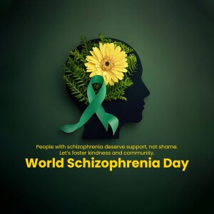 Image representing World Schizophrenia Day with a silhouette of a head containing flowers and a green ribbon.