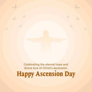 Ascension Day illustration with silhouette of a person with arms outstretched and birds flying around a radiant background.
