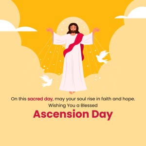 Illustration of Jesus ascending to heaven with doves and rays of light, with text 'Ascension Day'