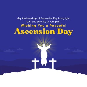 Ascension Day greeting with a silhouette of Jesus ascending to heaven and crosses.
