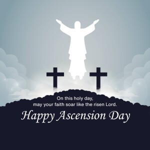 Silhouette of Jesus ascending to heaven with crosses and clouds