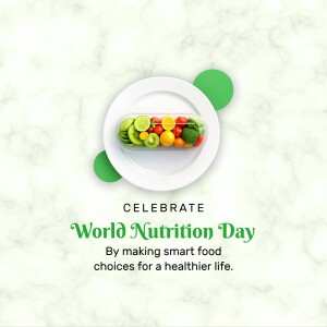 A flat lay image celebrating World Nutrition Day with a container of fresh vegetables and fruits on a plate.