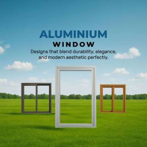 Aluminum windows in various colors against a green field and blue sky