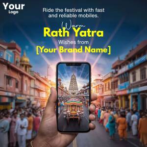 Rath Yatra festival promotion with a mobile phone displaying the procession.