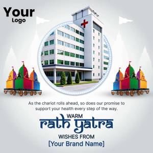 Rath Yatra wishes from a healthcare provider with a hospital building and chariots.