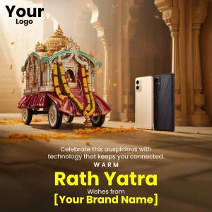 Smartphone advertisement featuring a Rath Yatra chariot and festive decorations.