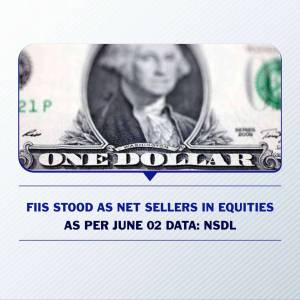 One dollar bill with text overlay indicating FIIs (Foreign Institutional Investors) were net sellers in equities as per NSDL data.