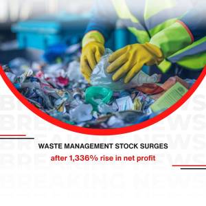 Worker sorting through plastic waste with text overlay indicating a stock surge.