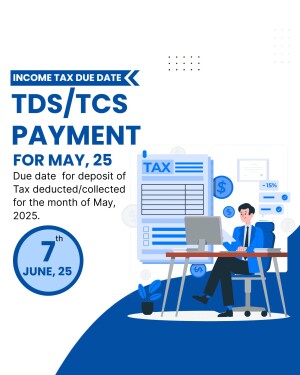 Illustration of a man working on a computer with tax forms and a reminder for TDS/TCS payment due date.