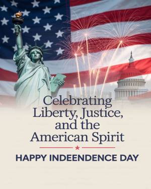 Image of the Statue of Liberty with American flag and fireworks, celebrating Independence Day.