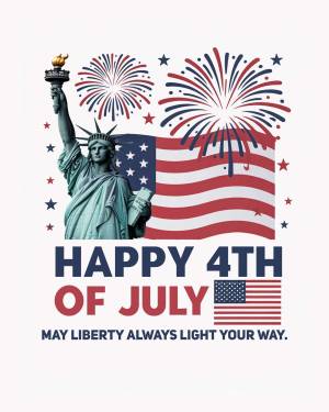 Image of the Statue of Liberty with fireworks and an American flag, celebrating the 4th of July.