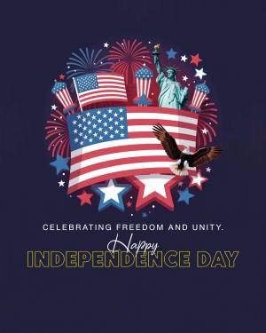 Image depicting patriotic American symbols including the Statue of Liberty, American flags, fireworks, and an eagle, with the text 'Celebrating Freedom and Unity. Happy Independence Day'.