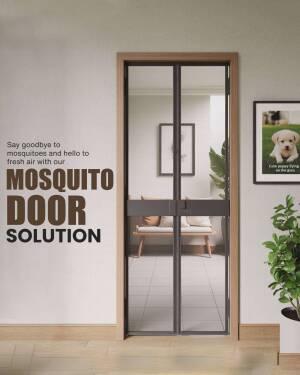 Image of a mosquito door solution with text promoting fresh air and mosquito protection.