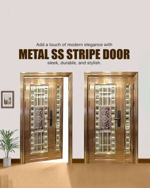 Two golden stainless steel doors with vertical stripes and glass inserts