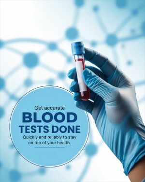 A gloved hand holding a blood test tube with a medical background.