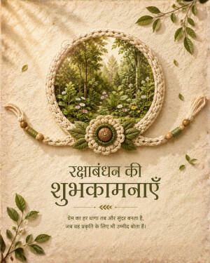 A creative Rakhi design featuring a circular macrame frame surrounding a nature forest scene with Hindi text for Rakshabandhan greeting.