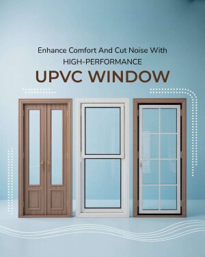 Three UPVC windows - woodgrain, white sliding, and white casement - against a light blue background.