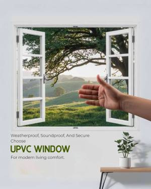 White UPVC window overlooking a lush green landscape