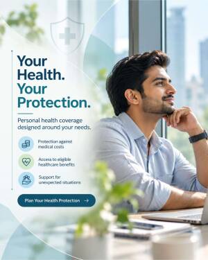 A man looking out a window near a laptop, illustrating personal health insurance coverage options.