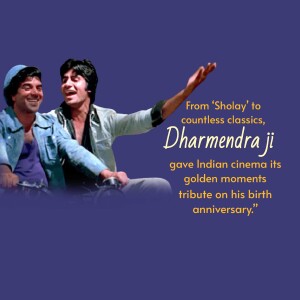 Image of Dharmendra and Amitabh Bachchan on a motorcycle with birthday greetings.