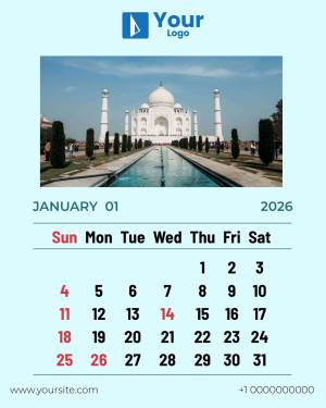 Calendar featuring the Taj Mahal for January 2025