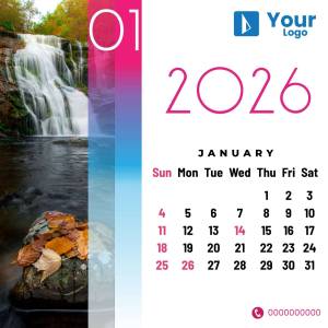 Calendar for January 2025 featuring a scenic waterfall background