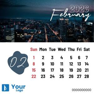 February 2025 calendar with a nighttime cityscape background and a blue date highlight.