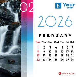 Calendar for February 2025 with a scenic waterfall image