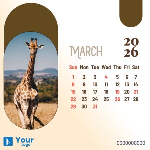 Calendar featuring a giraffe for March 2025