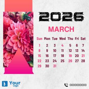 Calendar for March 2025 featuring pink dahlia flowers and a modern design.