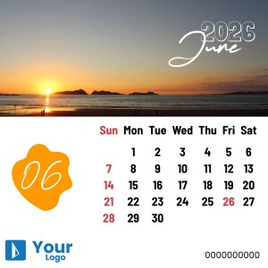 June 2025 calendar with a beautiful sunset over the ocean and a highlighted date.