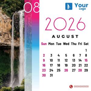 Calendar for August 2025 featuring a beautiful waterfall landscape