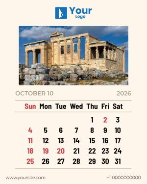 Calendar for October 2025 featuring the Acropolis of Athens