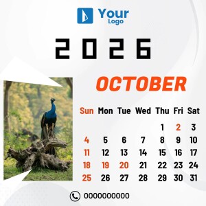 Calendar for October 2025 featuring a peacock image