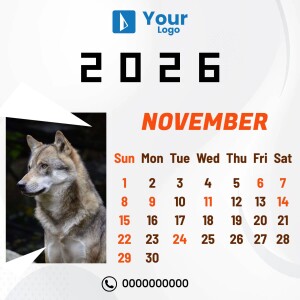 2025 November calendar featuring a wolf portrait