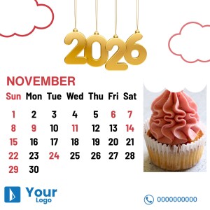 November 2025 calendar featuring a cupcake and decorative elements.