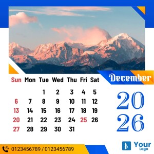 December 2025 calendar featuring a scenic mountain landscape
