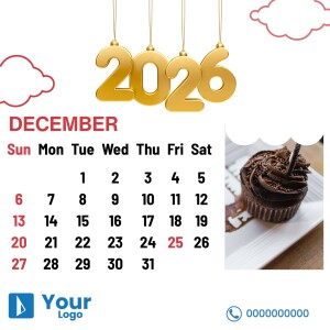 Calendar for December 2025 featuring a chocolate cupcake and a logo space.