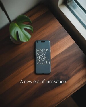 A modern smartphone on a wooden desk displaying Happy New Year 2026 text with a plant nearby.