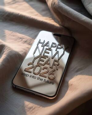 A modern smartphone screen showing Happy New Year 2026 text on a textured fabric background