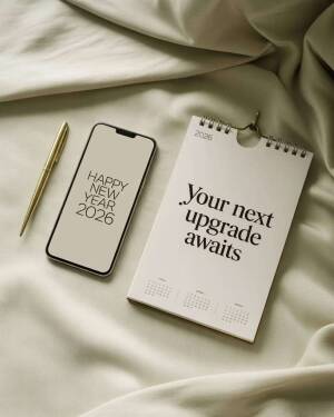 A smartphone showing Happy New Year 2026 next to a calendar with the text Your next upgrade awaits and a gold pen on a soft beige silk background.